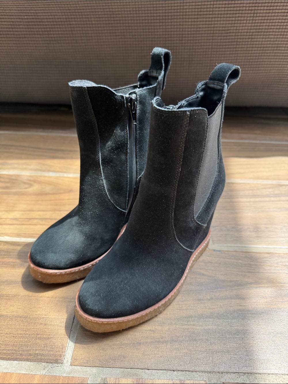 Everyday Black Suede Chelsea Booties with Brown Sole